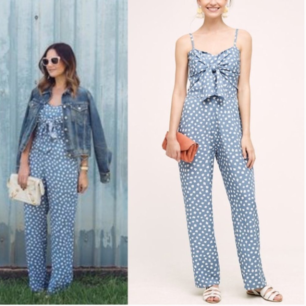 Anthropologie Whit Two Blue White Polka Dot Tie Front Jumpsuit Pockets Boho